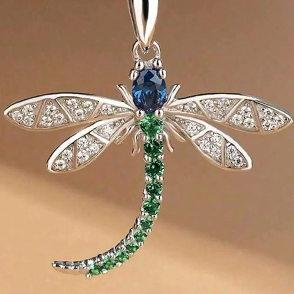 925 Silver Necklace W/ Dragonfly CZ Blue Green Valentine's Birthday Gift NEW